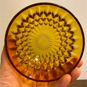 Mid-Century Style Vintage Engraved Diamond Point Amber Glass Bowl Snack Bowl